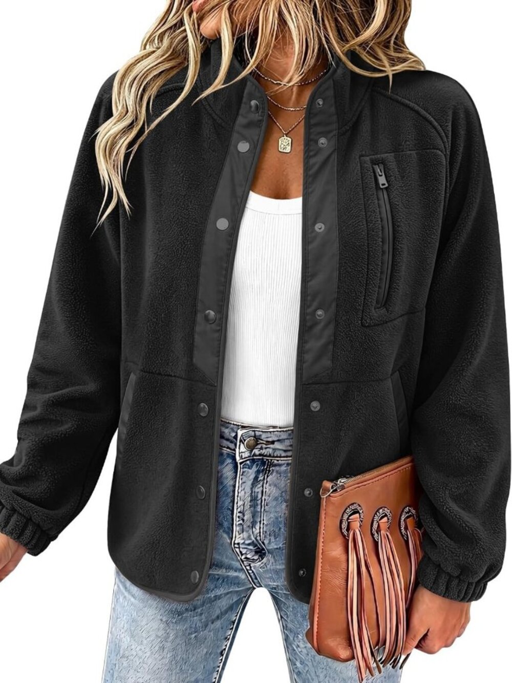 Cozy Women's Fleece Jacket with Western Aztec Print, Snap Button Down Outerwear